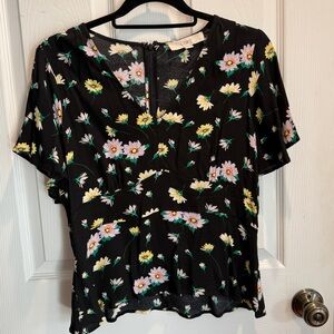 LOFT Black Top with Butterfly Sleeved and Floral Accents